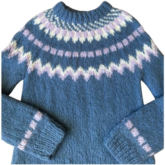 Vintage Handknit Fair Isle Wool Sweater Blue Lavender Cream Nordic Yoke medium - Picture 6 of 11